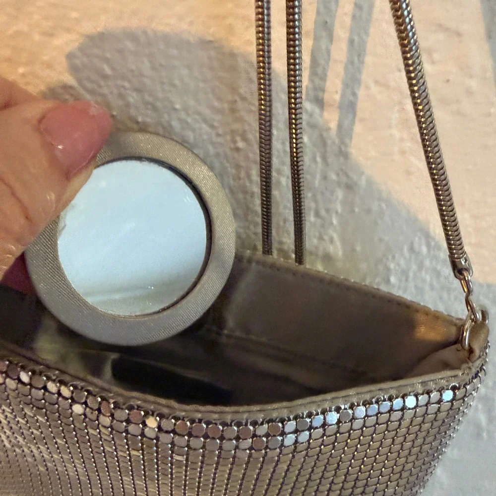 Valerie Stevens Silver‎ Metal Mesh Crossbody Evening Bag with Mirror
